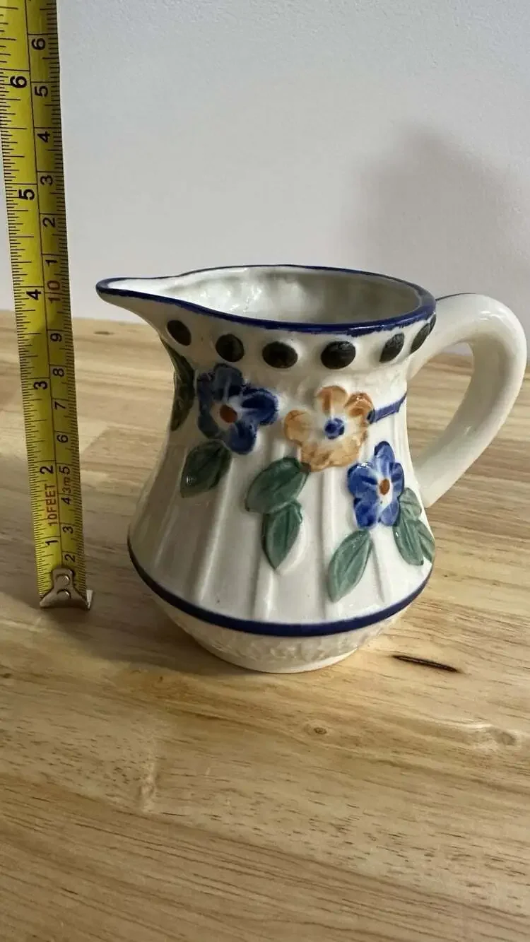 Cream And Blue Floral Ceramic Mini Pitcher Made In Japan